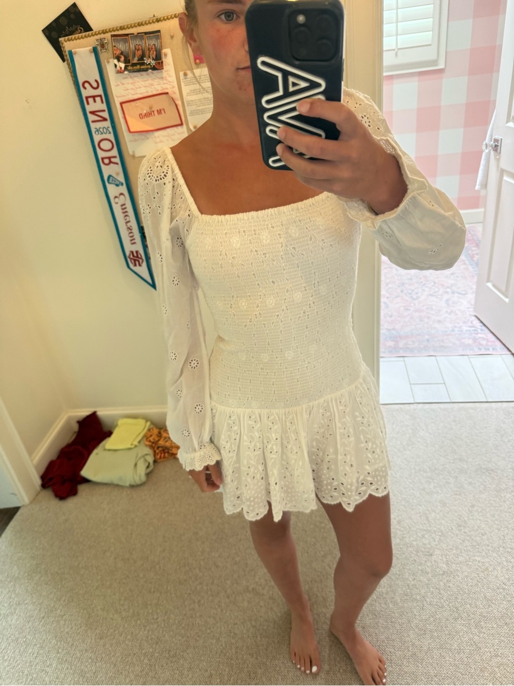 LoveShackFancy White Eyelet Smocked Square-Neck Mini Dress